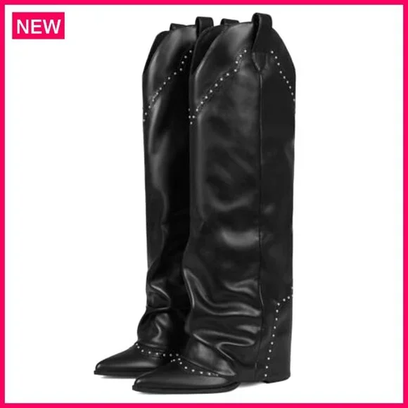 Knee High Studded Fold Over Boots 3.7 Inch Heel Vegan Leather Pull On - Picture 2 of 8